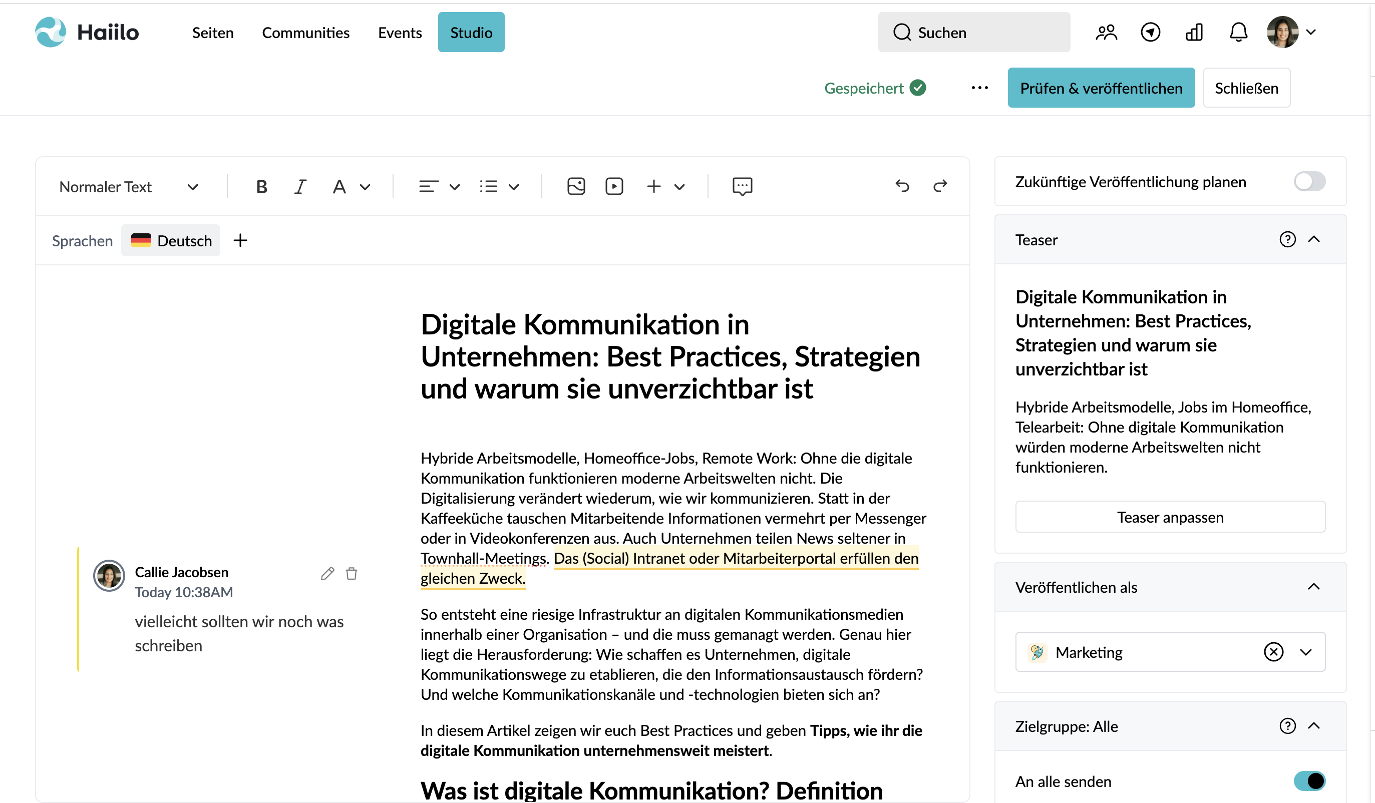 Admin, der einen Studiobeitrag überprüft und einen Kommentar hinterlässt.png