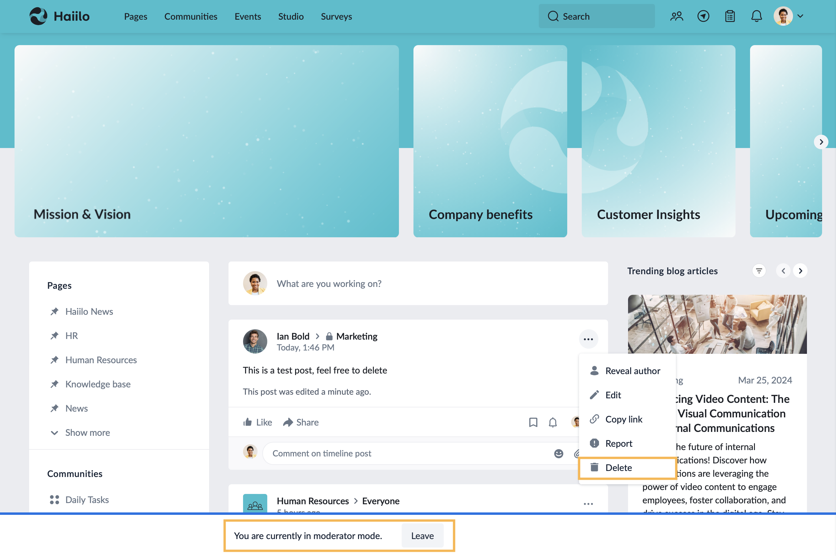 Deleting timeline posts – Haiilo Support Center