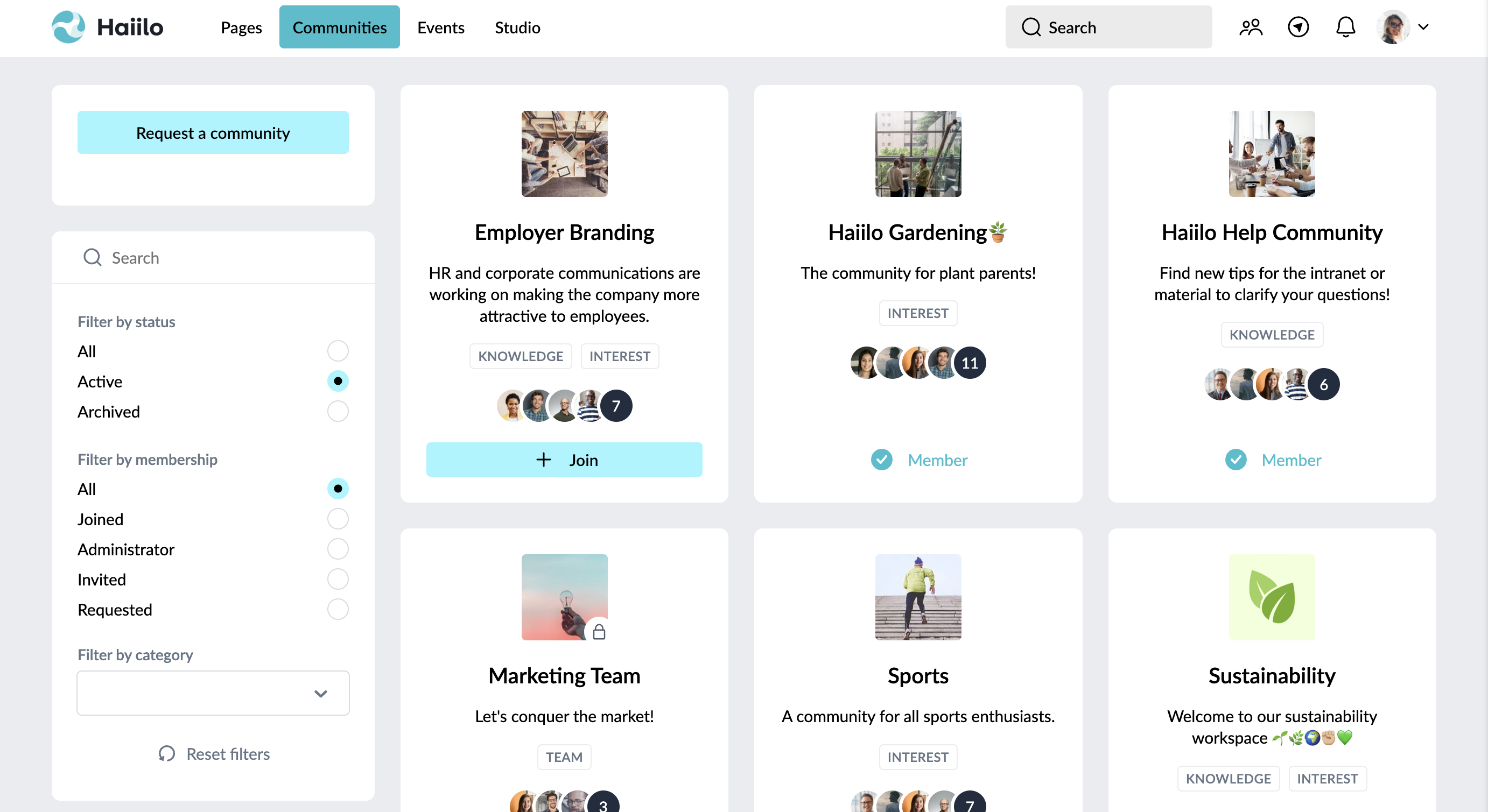communities overview with a request a community link button.png