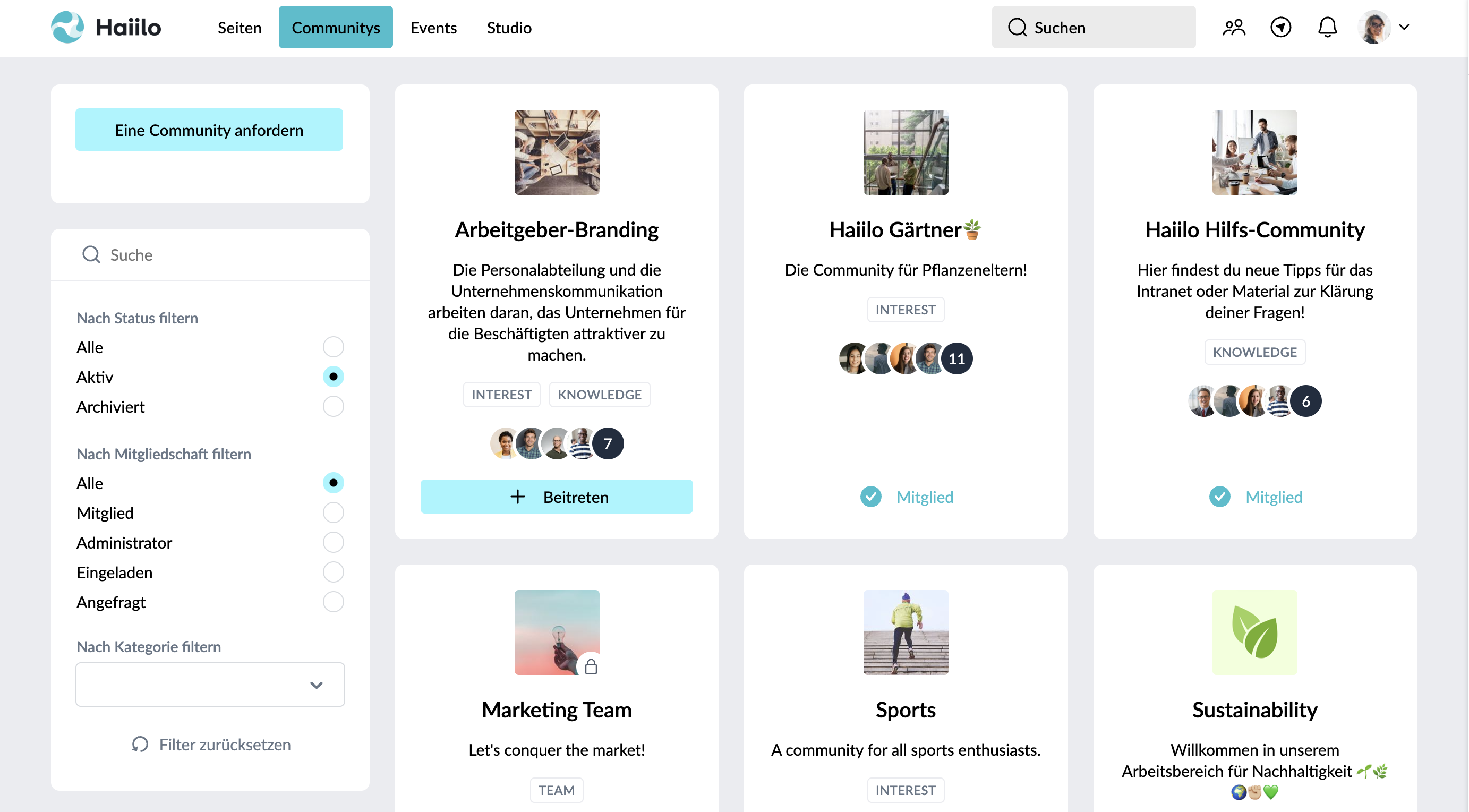 Communities-Übersicht mit einer Schaltfläche zum Anfordern eines Community-Links.png