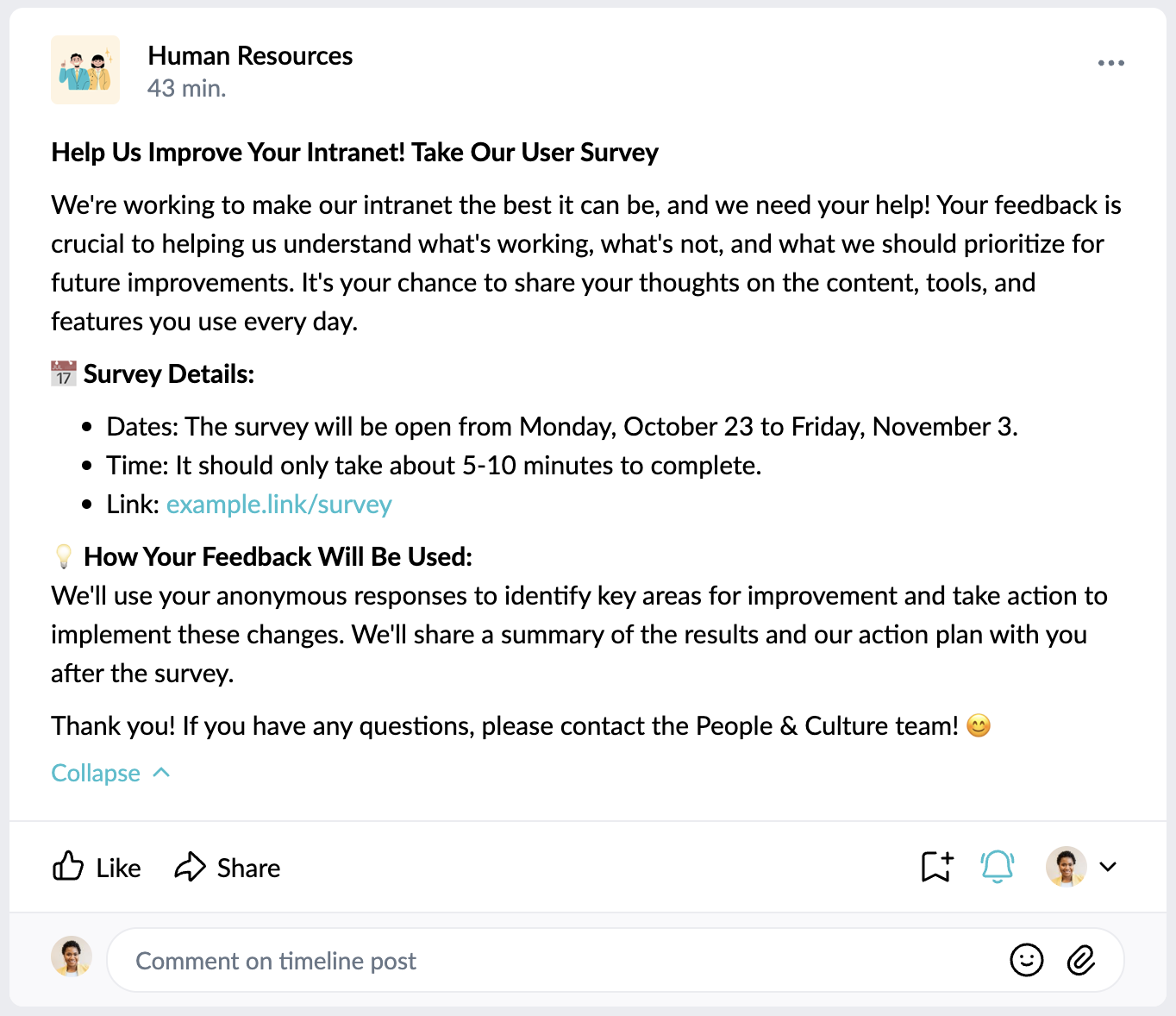 timeline post promoting an intranet survey.png