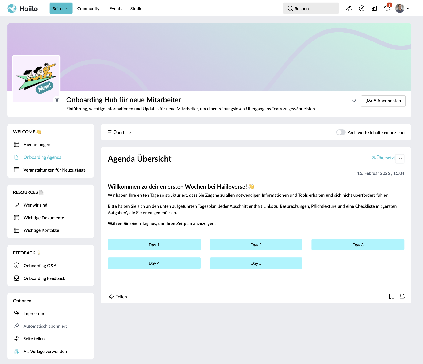 Onboarding Seite Überblick